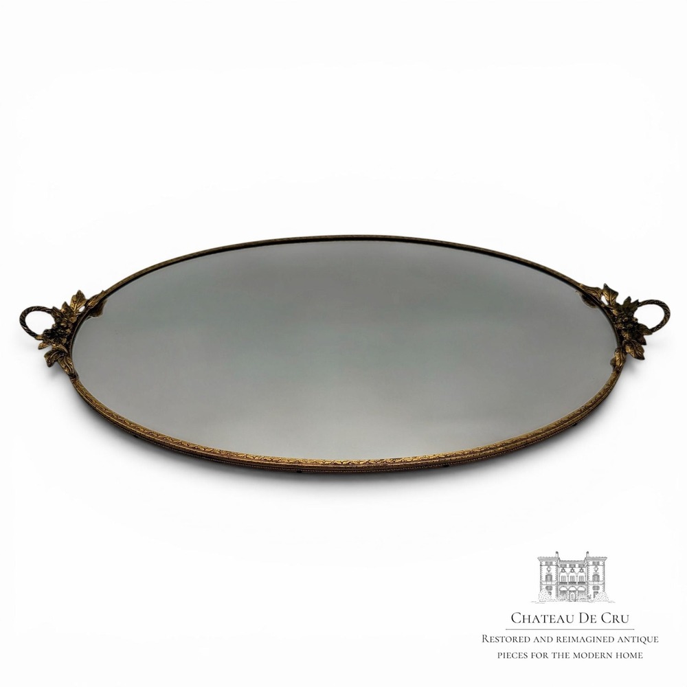 Vintage Oval Mirrored Vanity Tray Gold Tone Grapevine Handles Hollywood Regency